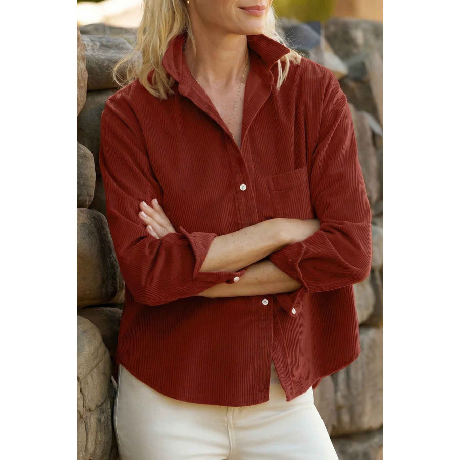 Clay Adjustable Cuff Long Sleeve Corduroy Shirt / S / 100% Polyester Tops/Blouses & Shirts