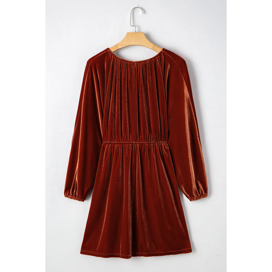Clay Elastic V Neck Puff Sleeve Short Velvet Dress Dresses/Mini Dresses