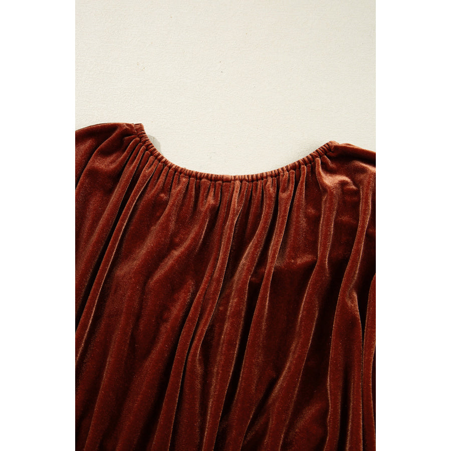 Clay Elastic V Neck Puff Sleeve Short Velvet Dress Dresses/Mini Dresses