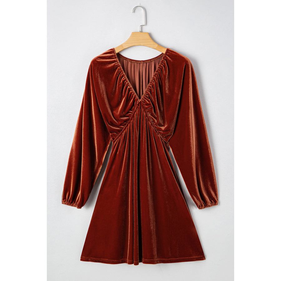 Clay Elastic V Neck Puff Sleeve Short Velvet Dress Dresses/Mini Dresses