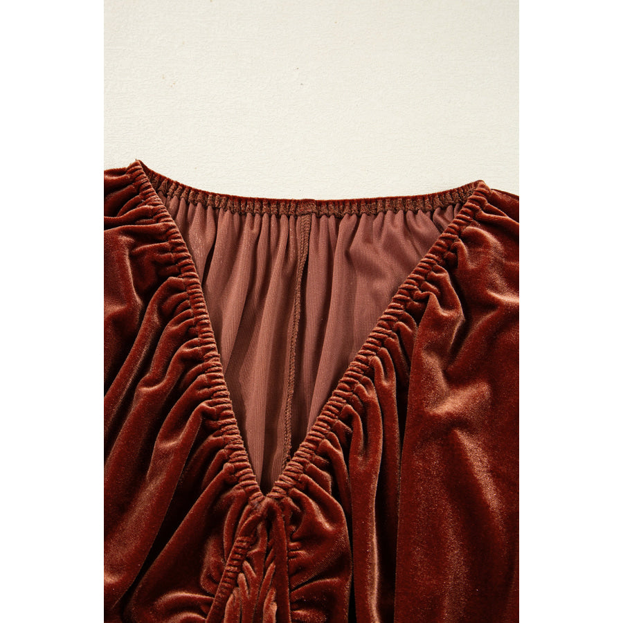 Clay Elastic V Neck Puff Sleeve Short Velvet Dress Dresses/Mini Dresses