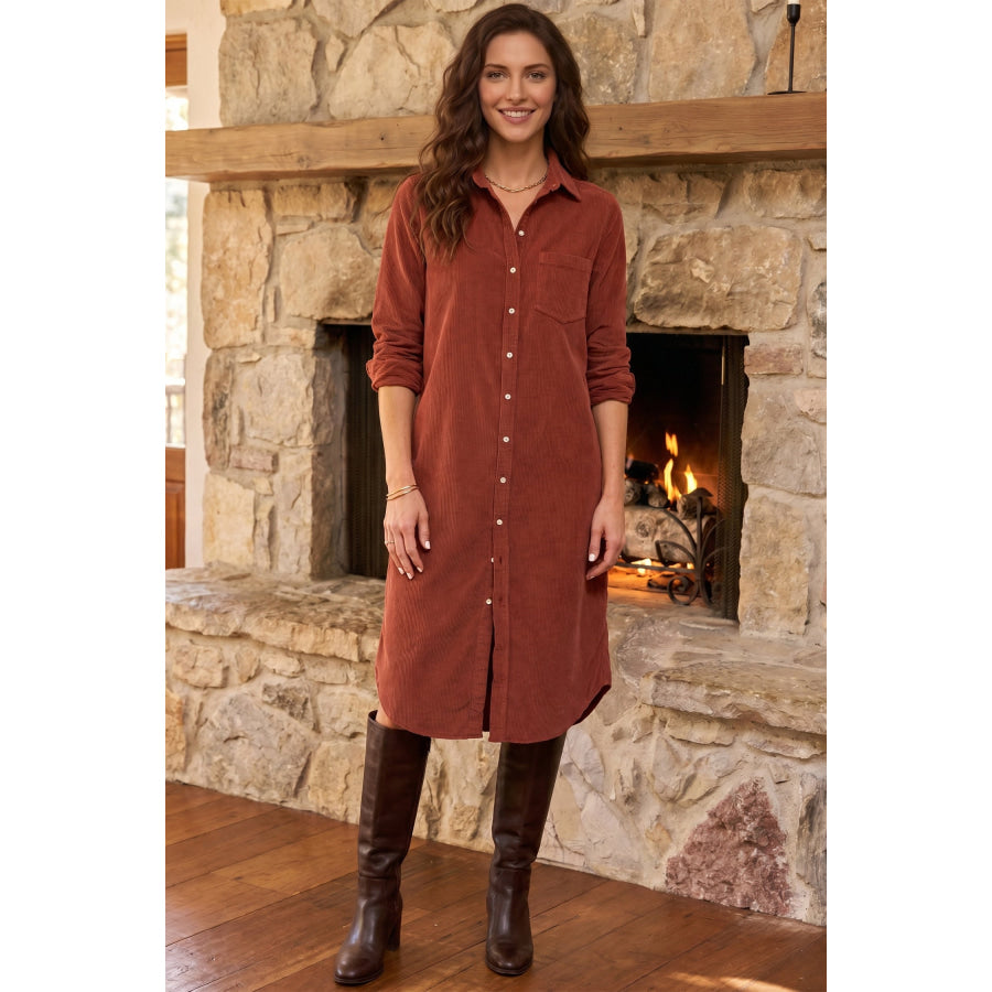 Clay Long Sleeve Button Down Corduroy Midi Length One Piece Dress Dresses/Midi Dresses
