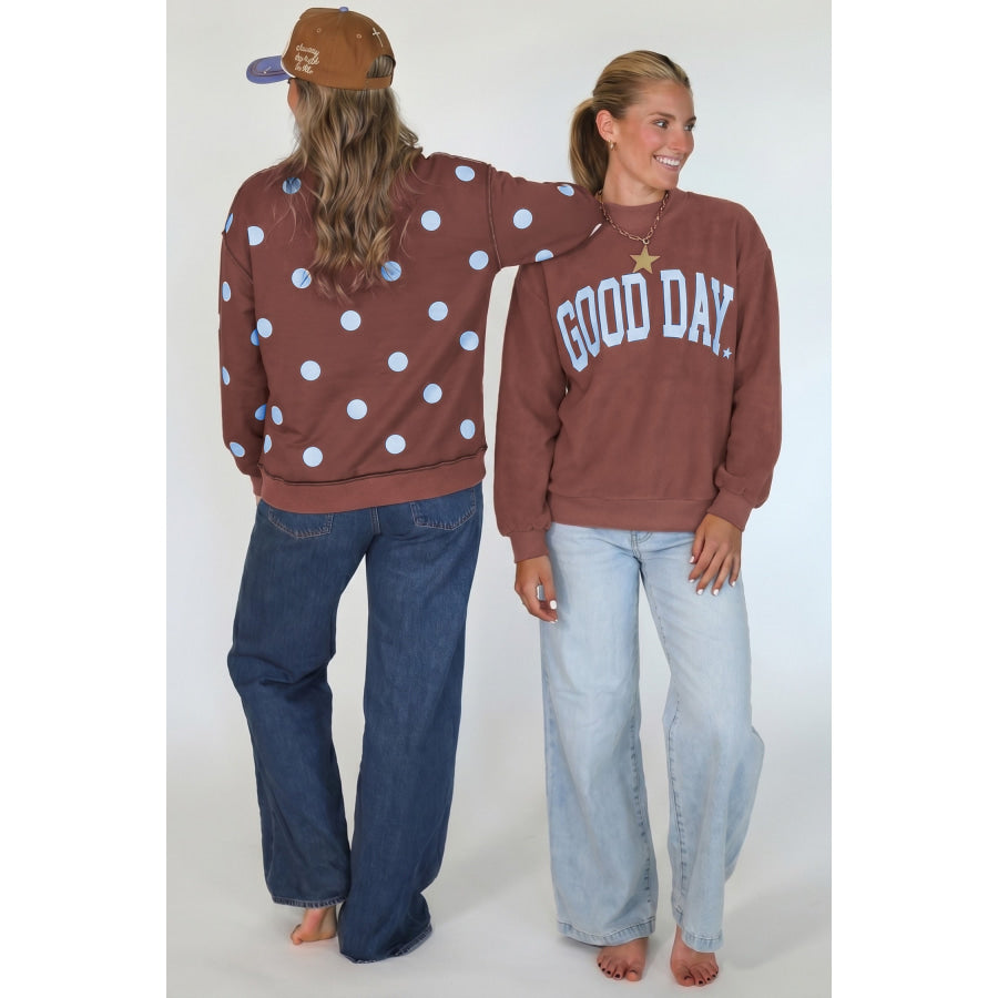 Clay Polka Dot/GOOD DAY Print Reversible Mock Neck Pullover Sweatshirt Tops/Sweatshirts & Hoodies