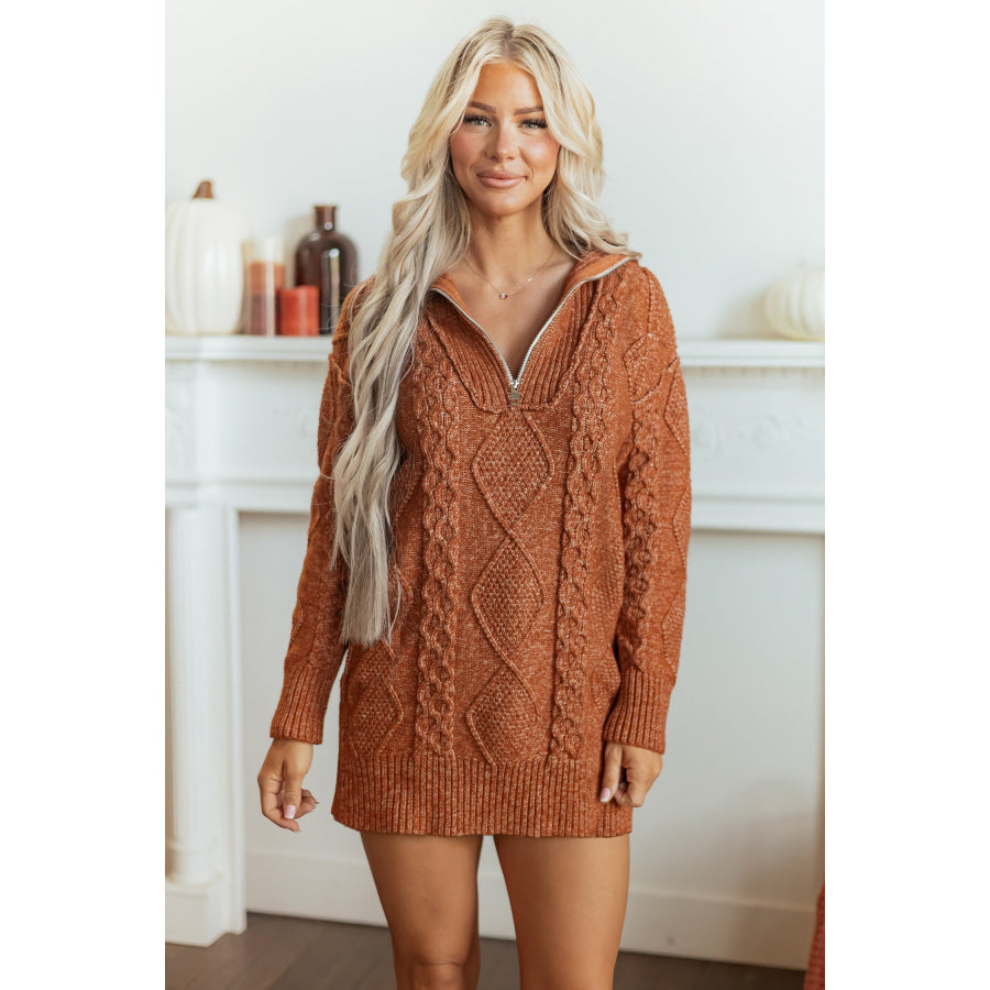 Clay Zip-Up Cable Knit Drop Shoulder Sweater Dress Clay / S / 100% Polyester Sweaters & Cardigans/Sweater Dresses