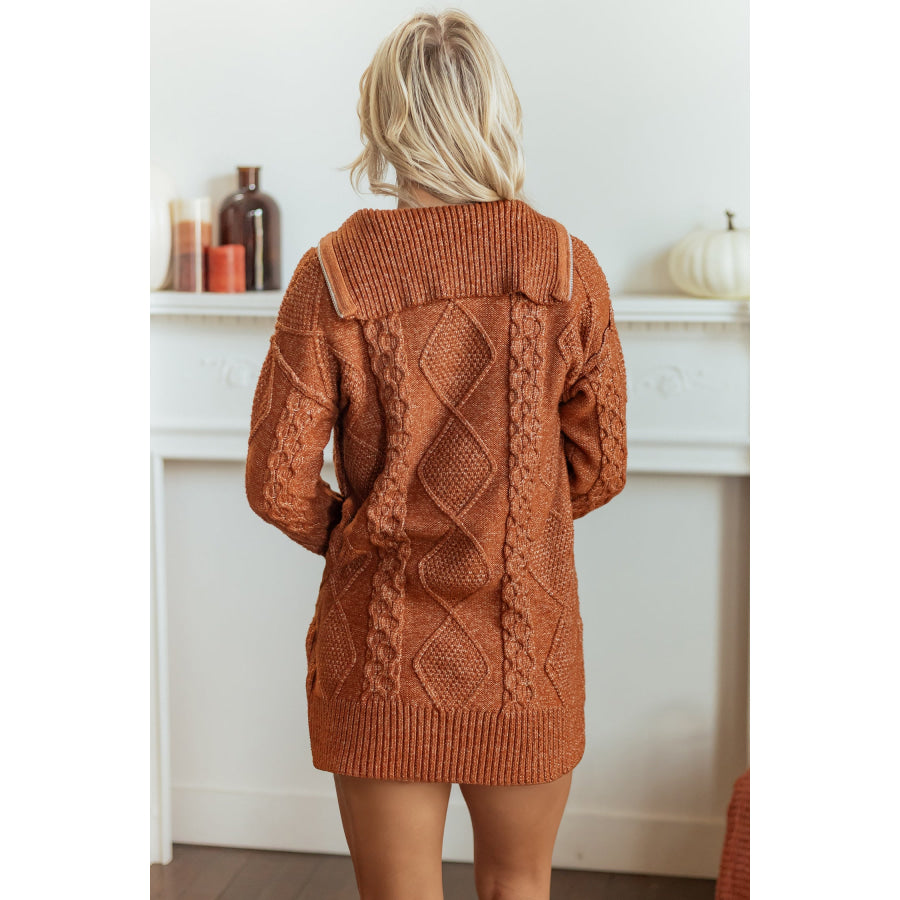 Clay Zip-Up Cable Knit Drop Shoulder Sweater Dress Sweaters & Cardigans/Sweater Dresses