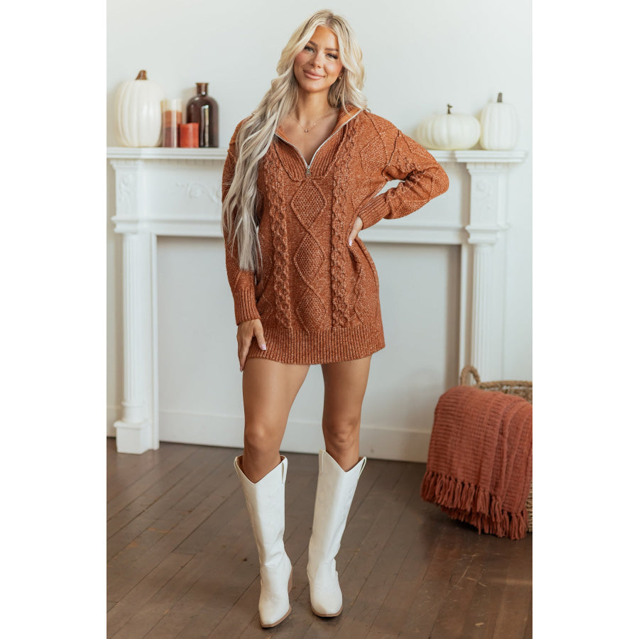 Clay Zip-Up Cable Knit Drop Shoulder Sweater Dress Sweaters & Cardigans/Sweater Dresses