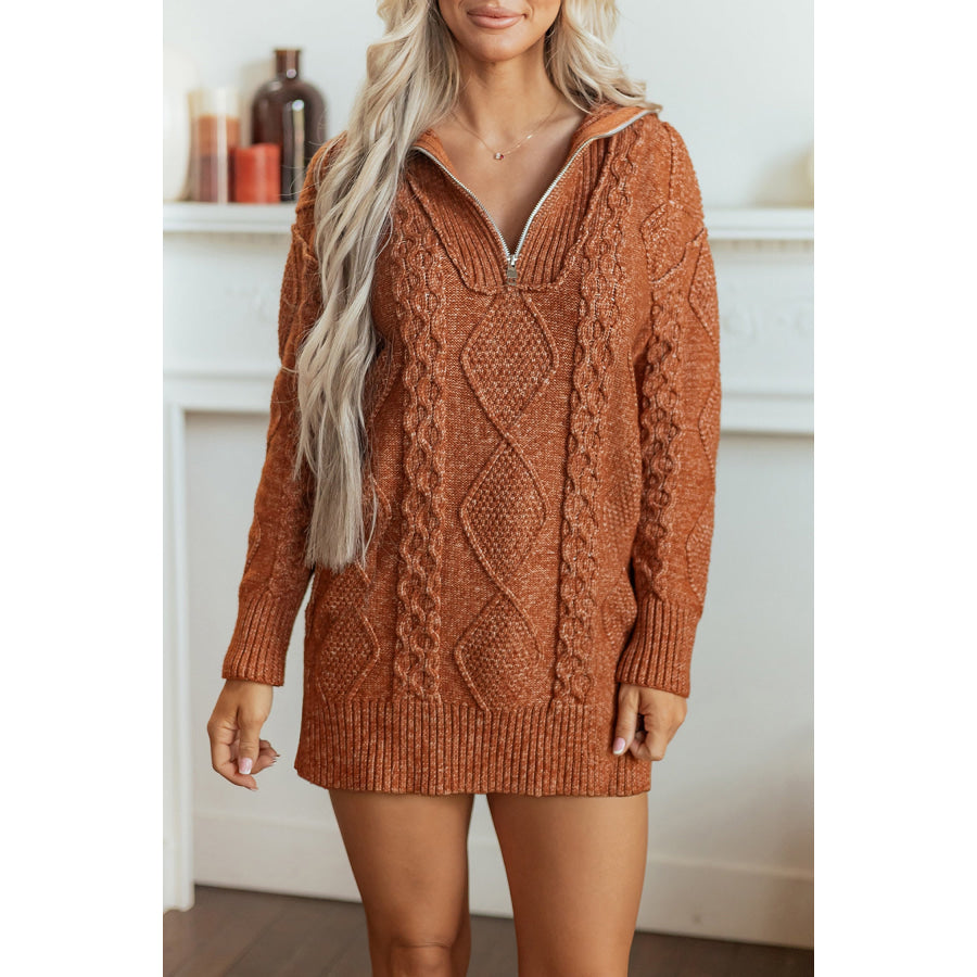 Clay Zip-Up Cable Knit Drop Shoulder Sweater Dress Sweaters & Cardigans/Sweater Dresses