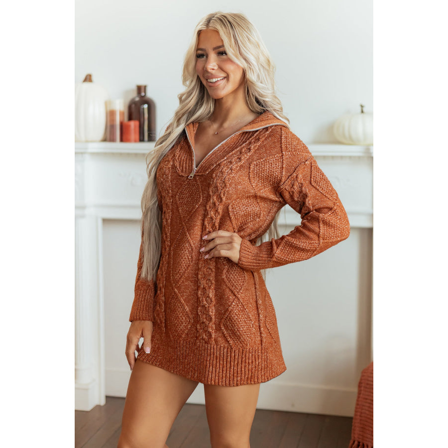 Clay Zip-Up Cable Knit Drop Shoulder Sweater Dress Sweaters & Cardigans/Sweater Dresses