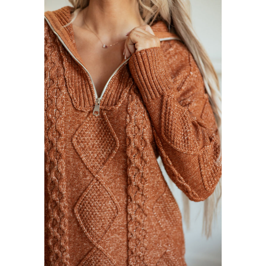 Clay Zip-Up Cable Knit Drop Shoulder Sweater Dress Sweaters & Cardigans/Sweater Dresses
