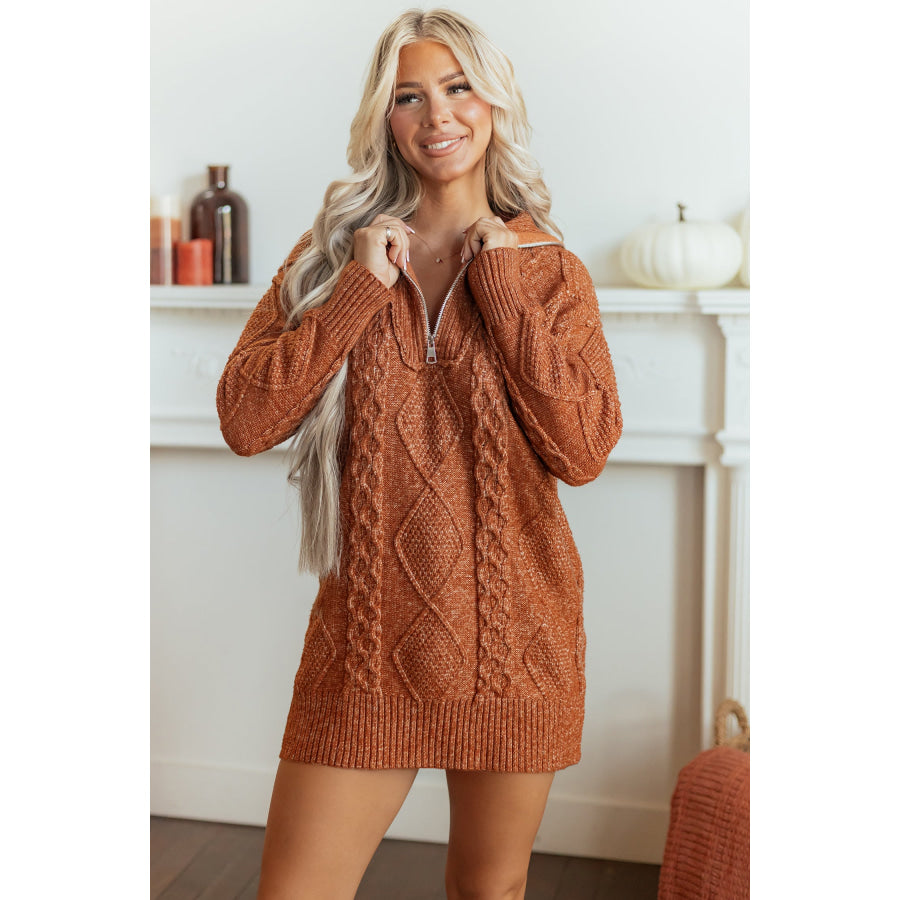 Clay Zip-Up Cable Knit Drop Shoulder Sweater Dress Sweaters & Cardigans/Sweater Dresses