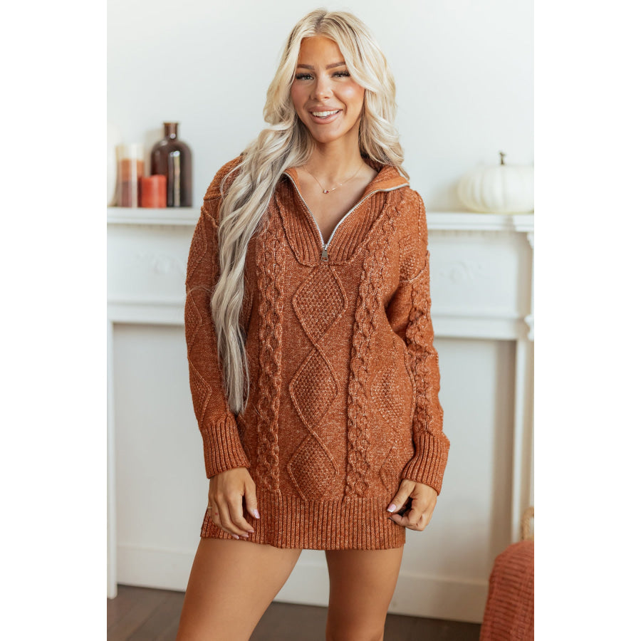 Clay Zip-Up Cable Knit Drop Shoulder Sweater Dress Sweaters & Cardigans/Sweater Dresses