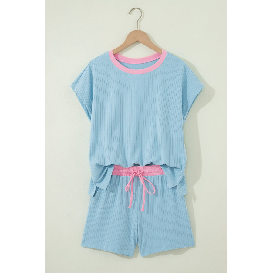 Clearly Aqua Soft Ribbed Color Block Trim Casual Short Set Two Piece Sets/Short Sets