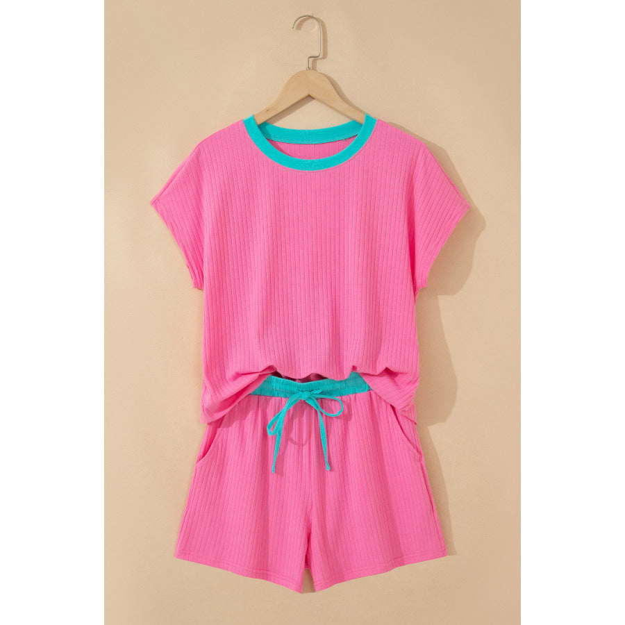 Clearly Aqua Soft Ribbed Color Block Trim Casual Short Set Two Piece Sets/Short Sets