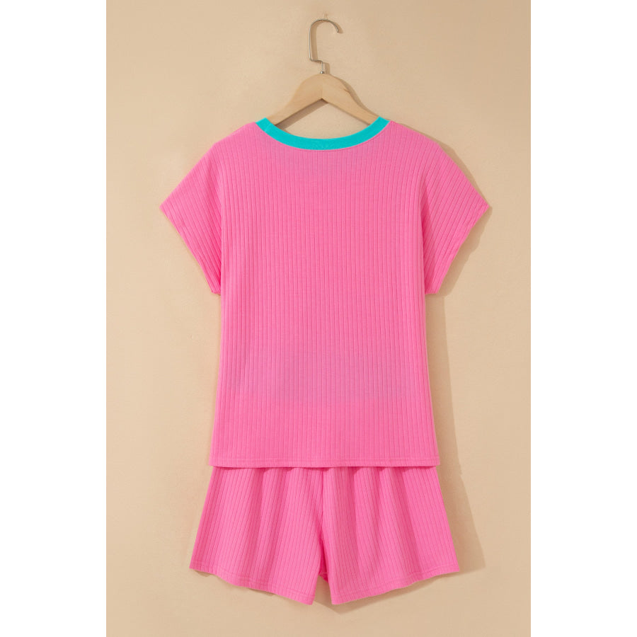 Clearly Aqua Soft Ribbed Color Block Trim Casual Short Set Two Piece Sets/Short Sets