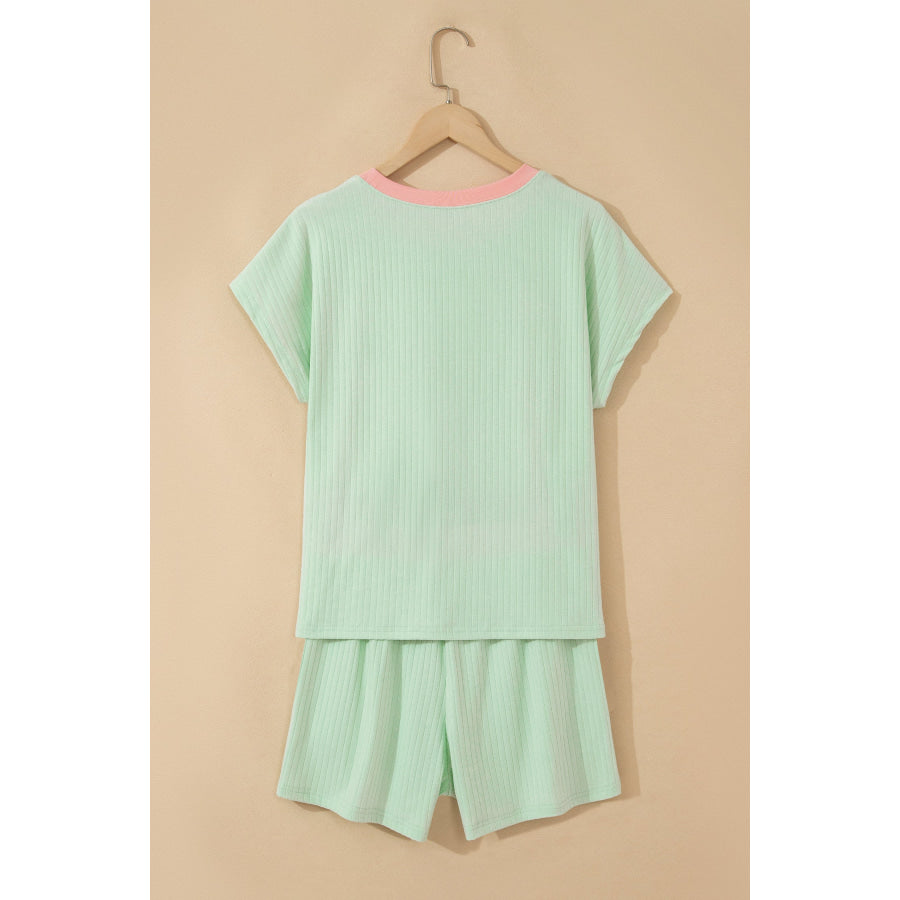Clearly Aqua Soft Ribbed Color Block Trim Casual Short Set Two Piece Sets/Short Sets