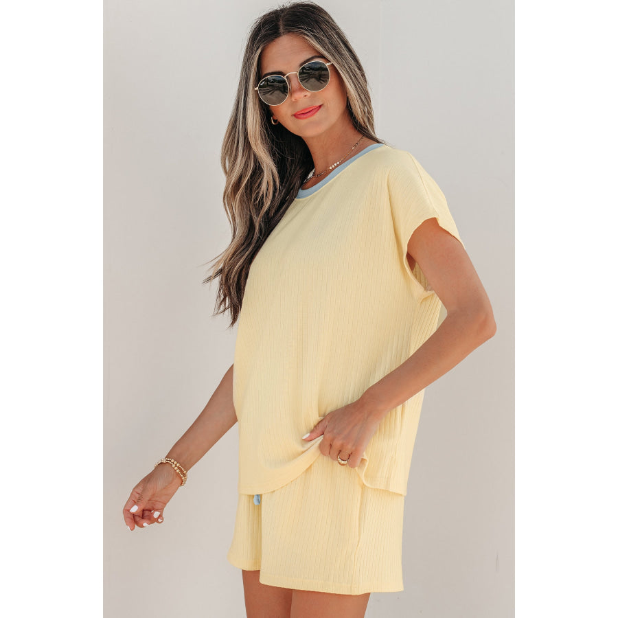 Clearly Aqua Soft Ribbed Color Block Trim Casual Short Set Two Piece Sets/Short Sets