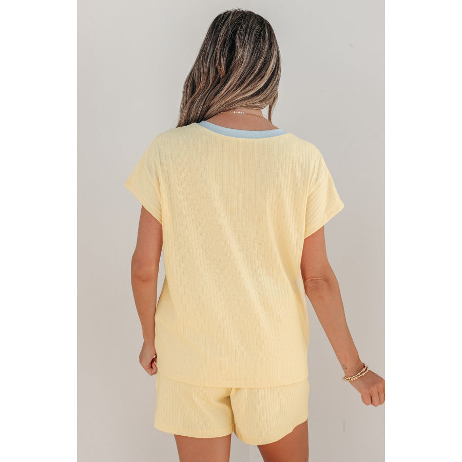 Clearly Aqua Soft Ribbed Color Block Trim Casual Short Set Two Piece Sets/Short Sets