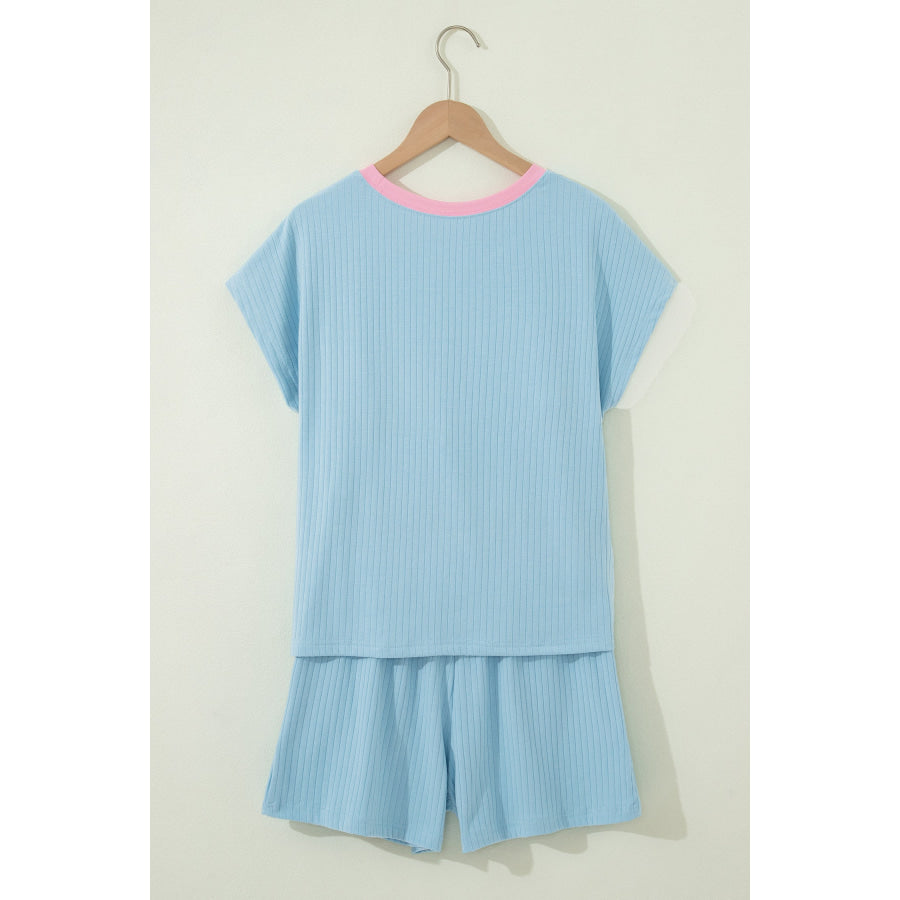 Clearly Aqua Soft Ribbed Color Block Trim Casual Short Set Two Piece Sets/Short Sets