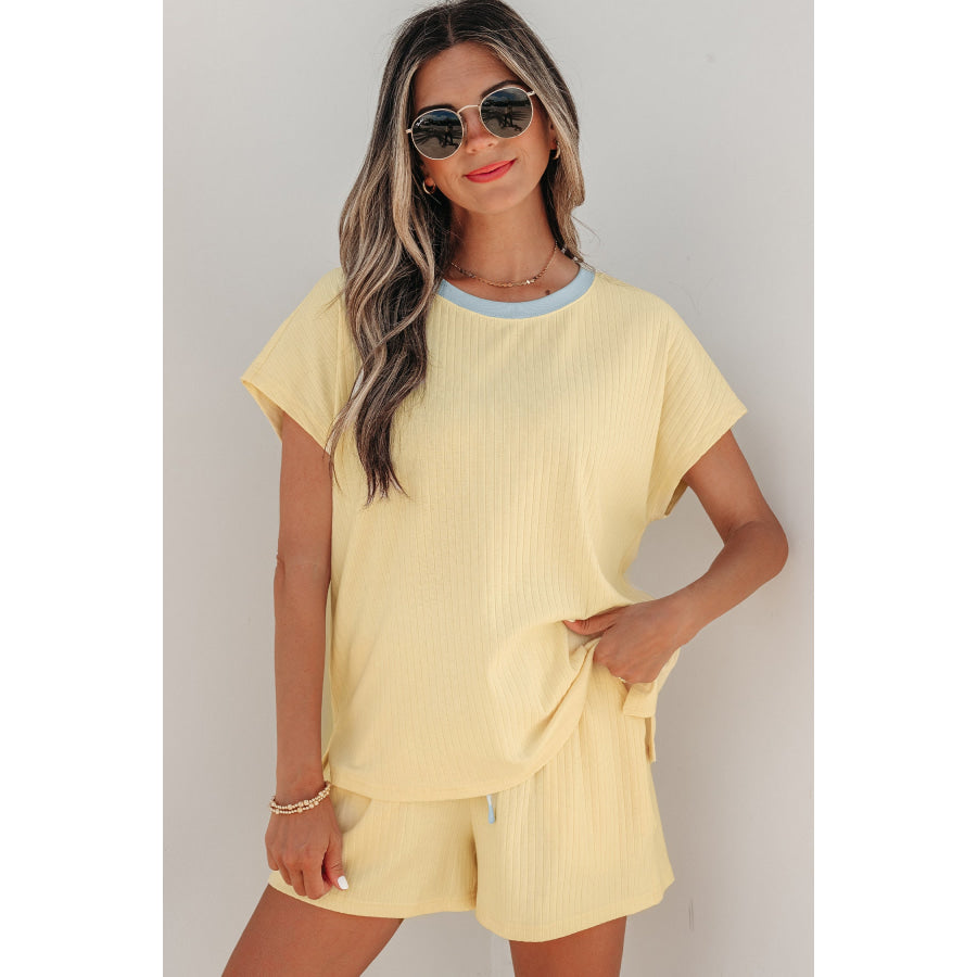 Clearly Aqua Soft Ribbed Color Block Trim Casual Short Set Yellow Cream / S / 60% Polyester + 35% Cotton + 5% Elastane Two Piece Sets/Short
