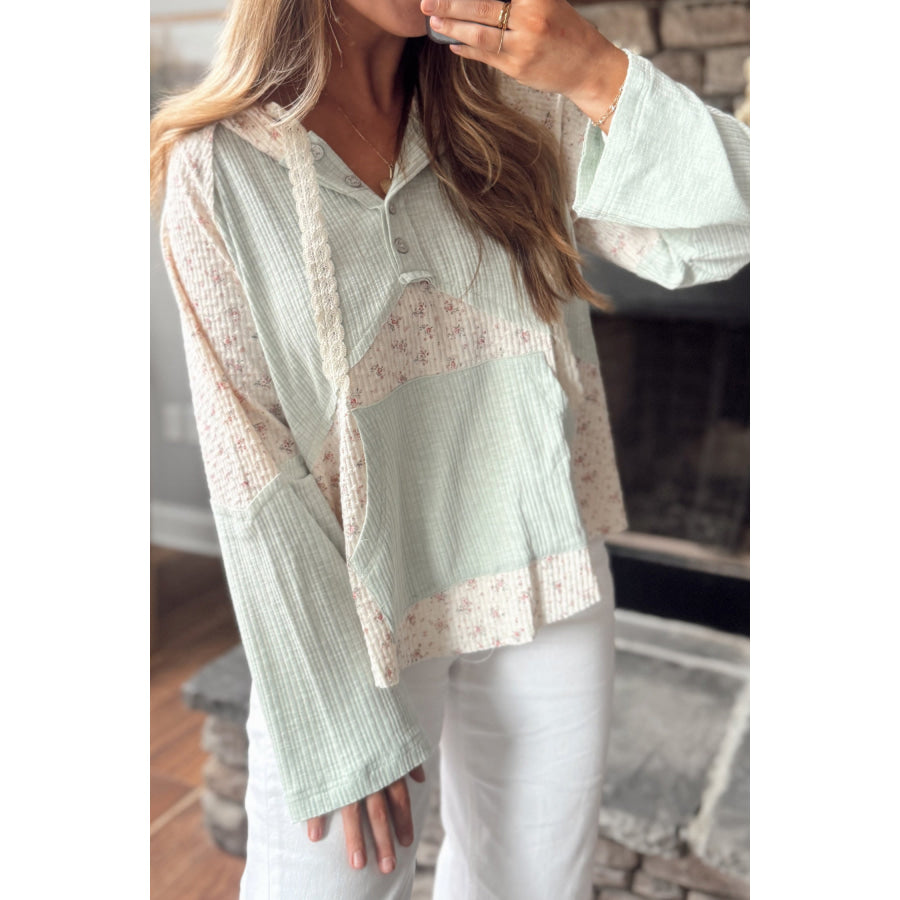Clearly Aqua Textured Floral Patchwork Button Hooded Long Sleeve Top Clearly Aqua / S Tops/Long Sleeve Tops