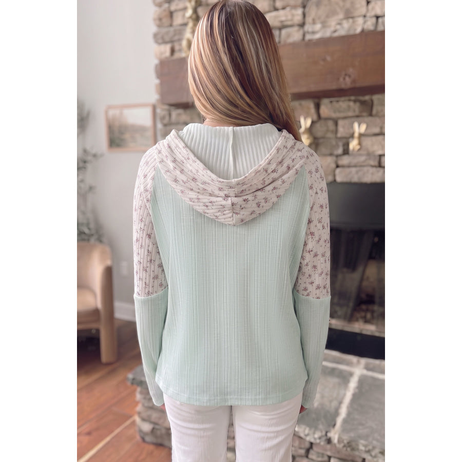 Clearly Aqua Textured Floral Patchwork Button Hooded Long Sleeve Top Tops/Long Sleeve Tops