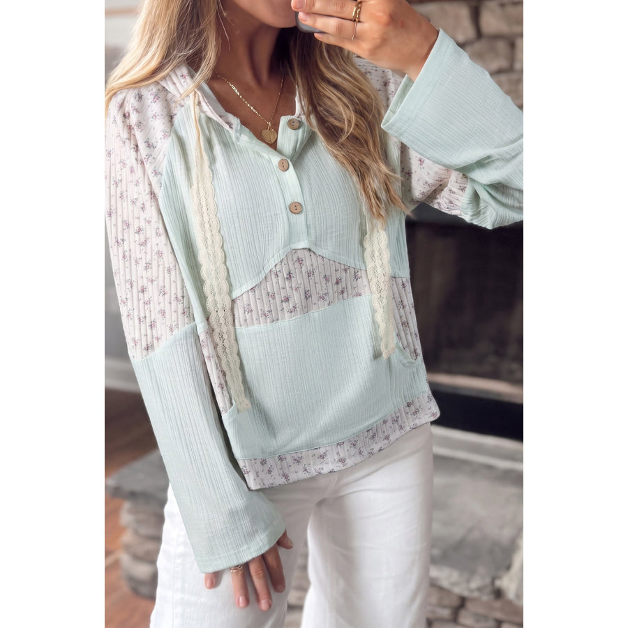 Clearly Aqua Textured Floral Patchwork Button Hooded Long Sleeve Top Tops/Long Sleeve Tops