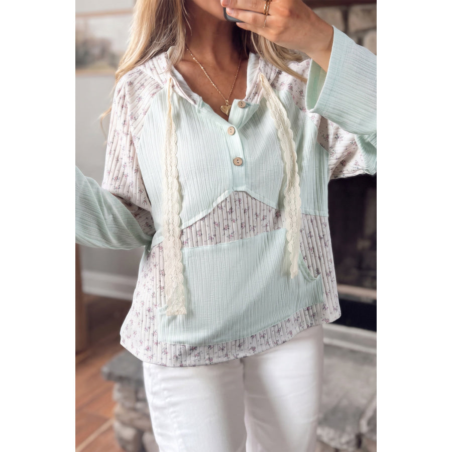 Clearly Aqua Textured Floral Patchwork Button Hooded Long Sleeve Top Tops/Long Sleeve Tops