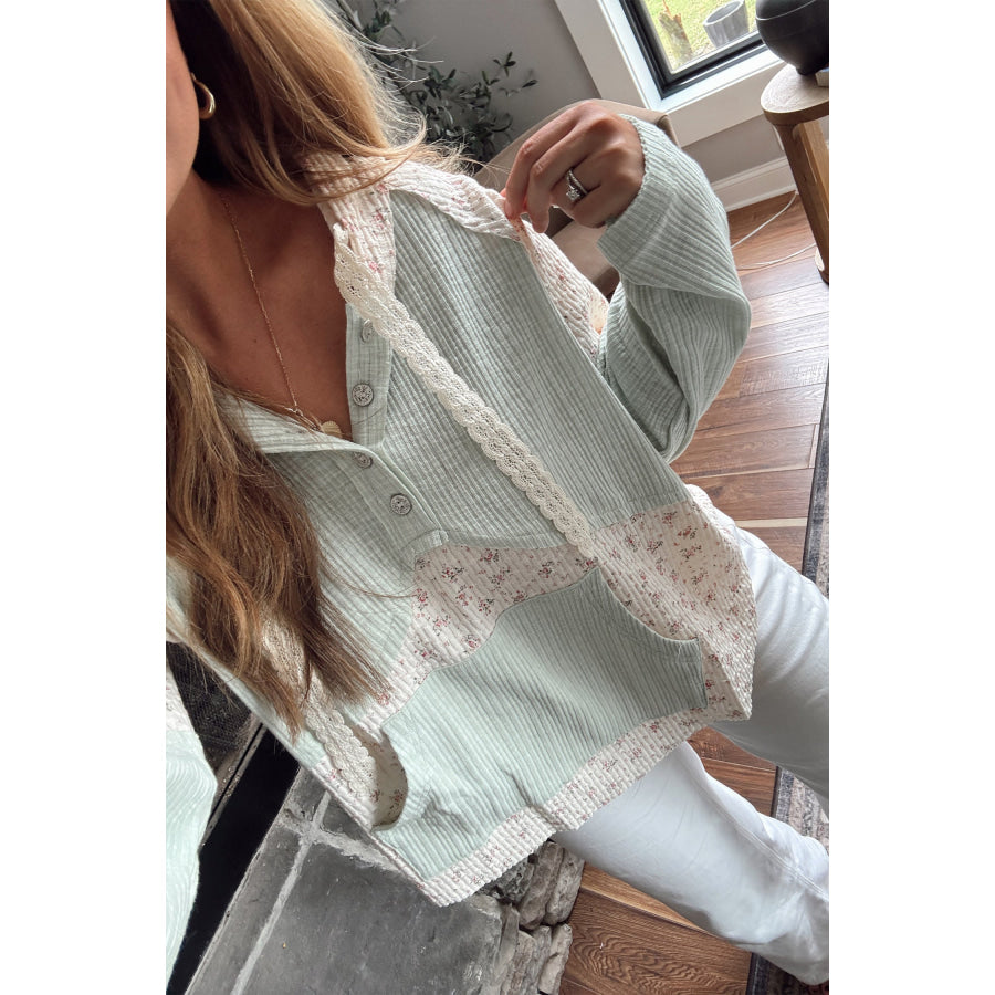 Clearly Aqua Textured Floral Patchwork Button Hooded Long Sleeve Top Tops/Long Sleeve Tops