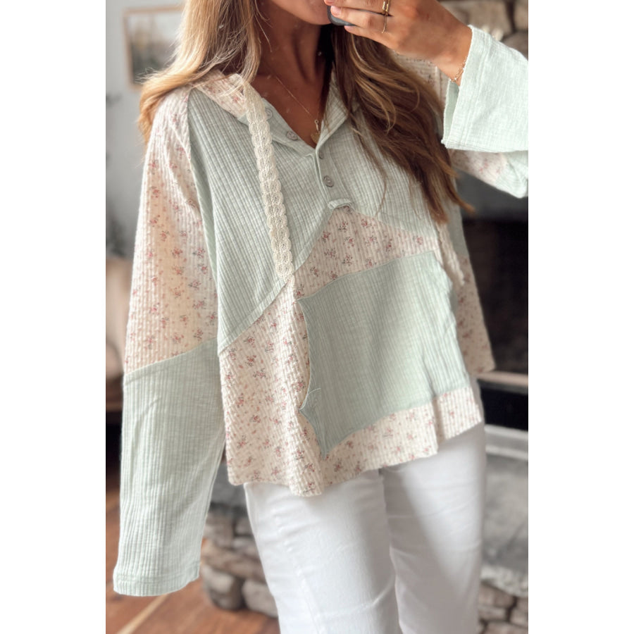 Clearly Aqua Textured Floral Patchwork Button Hooded Long Sleeve Top Tops/Long Sleeve Tops