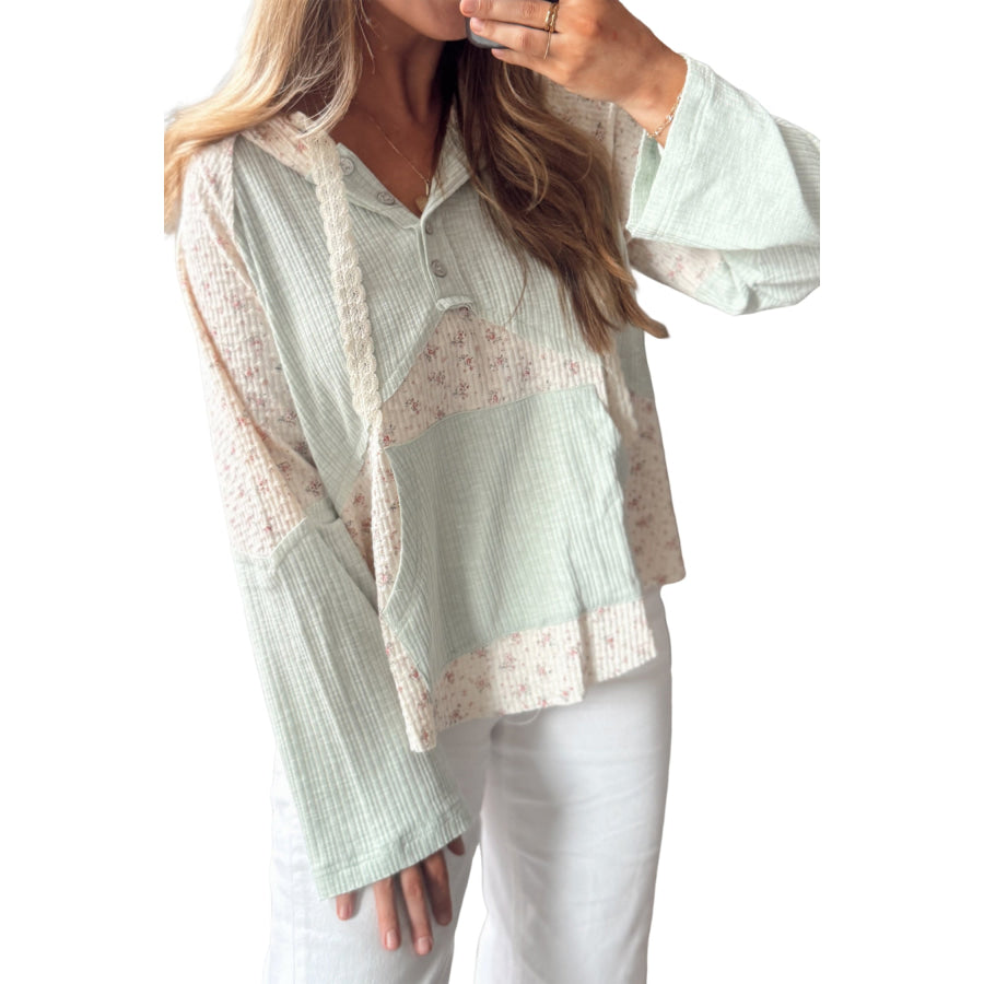 Clearly Aqua Textured Floral Patchwork Button Hooded Long Sleeve Top Tops/Long Sleeve Tops