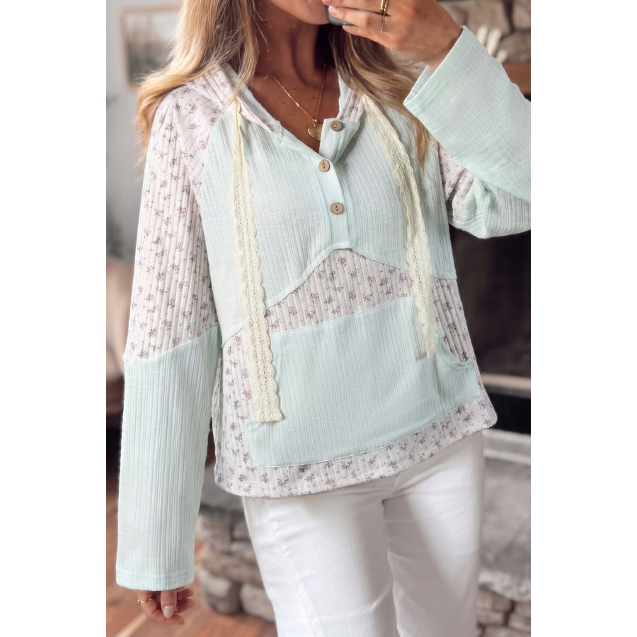 Clearly Aqua Textured Floral Patchwork Button Hooded Long Sleeve Top Tops/Long Sleeve Tops