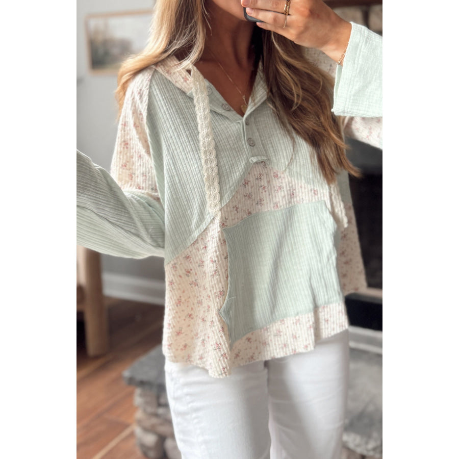 Clearly Aqua Textured Floral Patchwork Button Hooded Long Sleeve Top Tops/Long Sleeve Tops