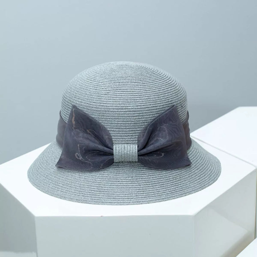Cloche Hat with Ribbon Bow Gray / One Size Apparel and Accessories