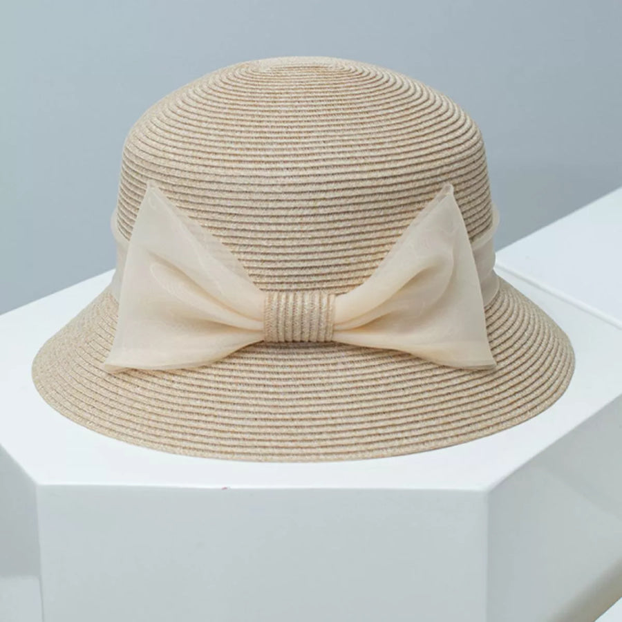 Cloche Hat with Ribbon Bow Beige / One Size Apparel and Accessories