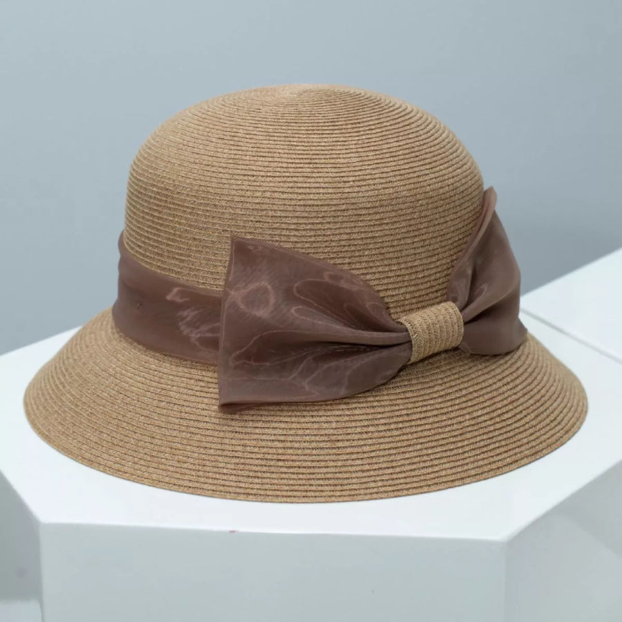 Cloche Hat with Ribbon Bow Khaki / One Size Apparel and Accessories