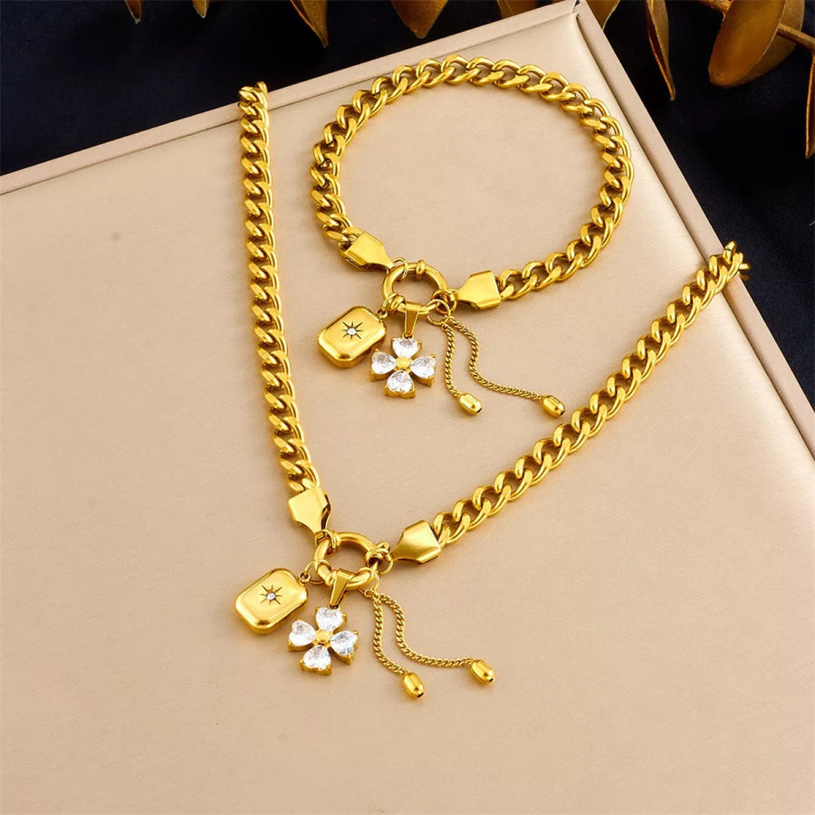 Clover Charm Chain Necklace and Bracelet Jewelry Set Gold / onesize Apparel Accessories