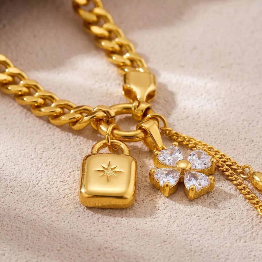Clover Charm Chain Necklace and Bracelet Jewelry Set Gold / onesize Apparel Accessories