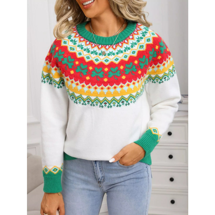 Clover Pattern Round Neck Knitted Sweater Apparel and Accessories