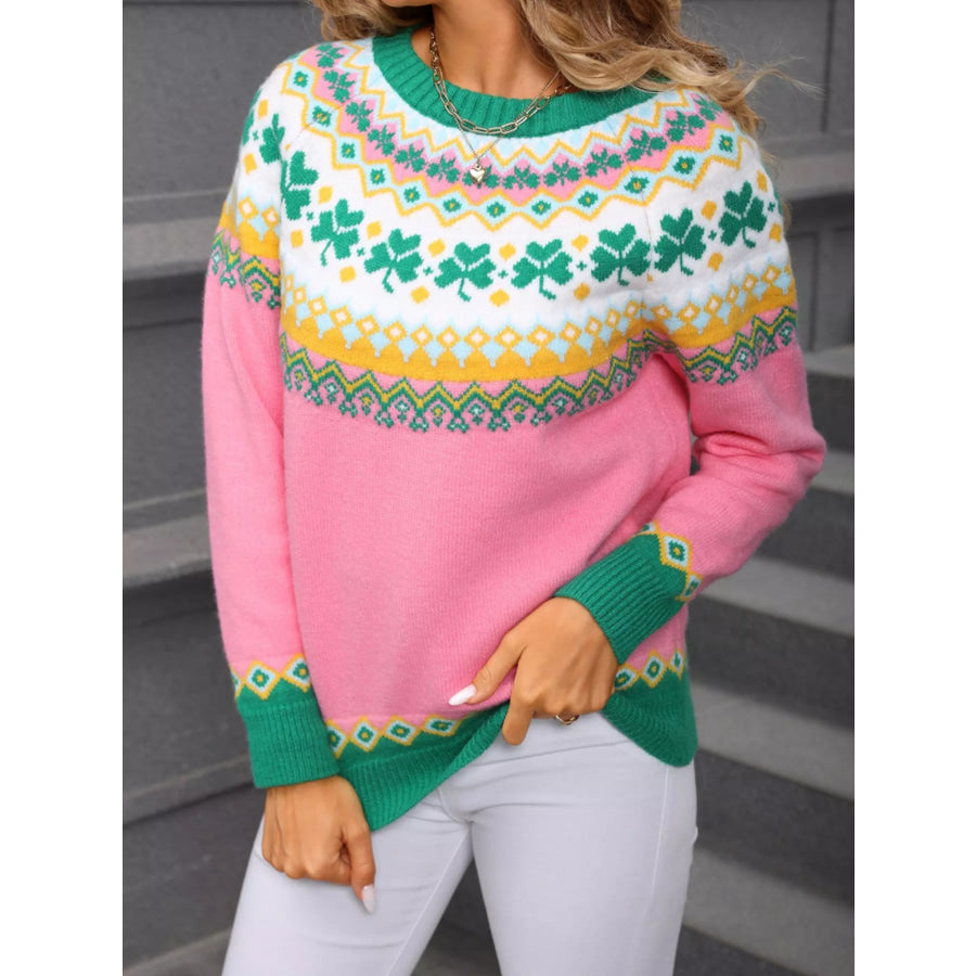Clover Pattern Round Neck Knitted Sweater Apparel and Accessories