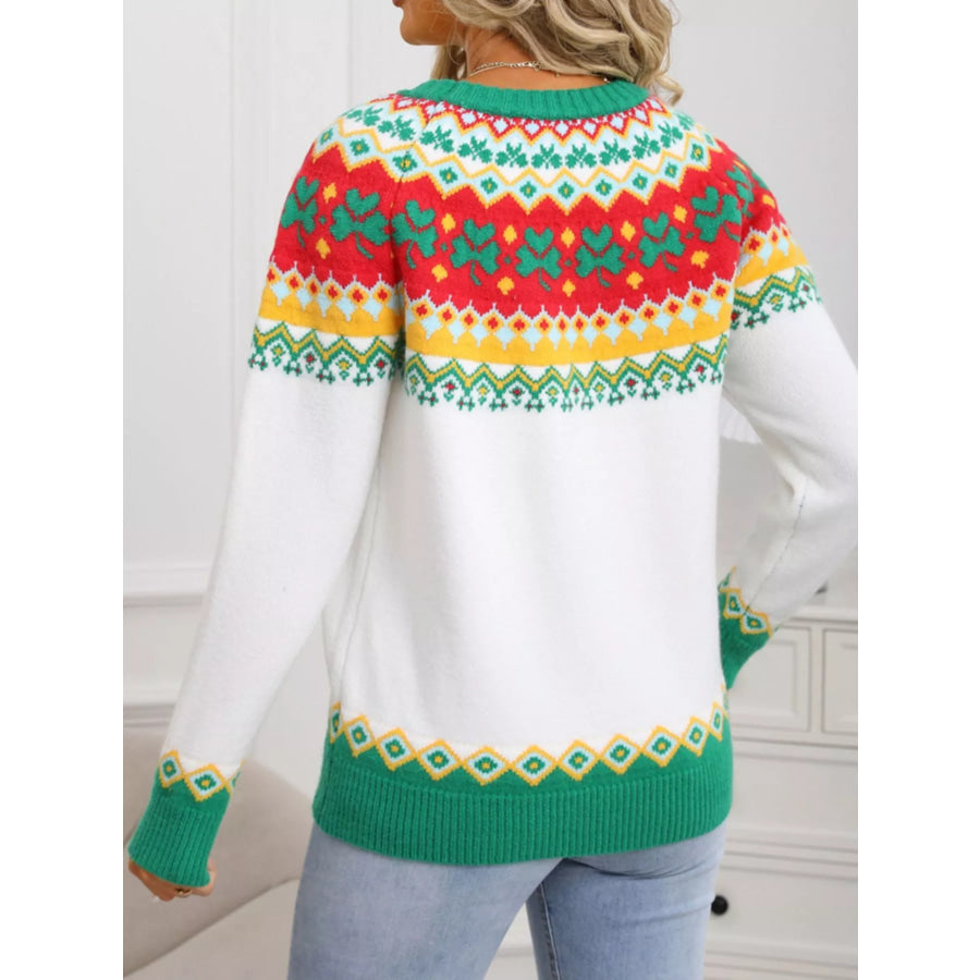 Clover Pattern Round Neck Knitted Sweater Apparel and Accessories