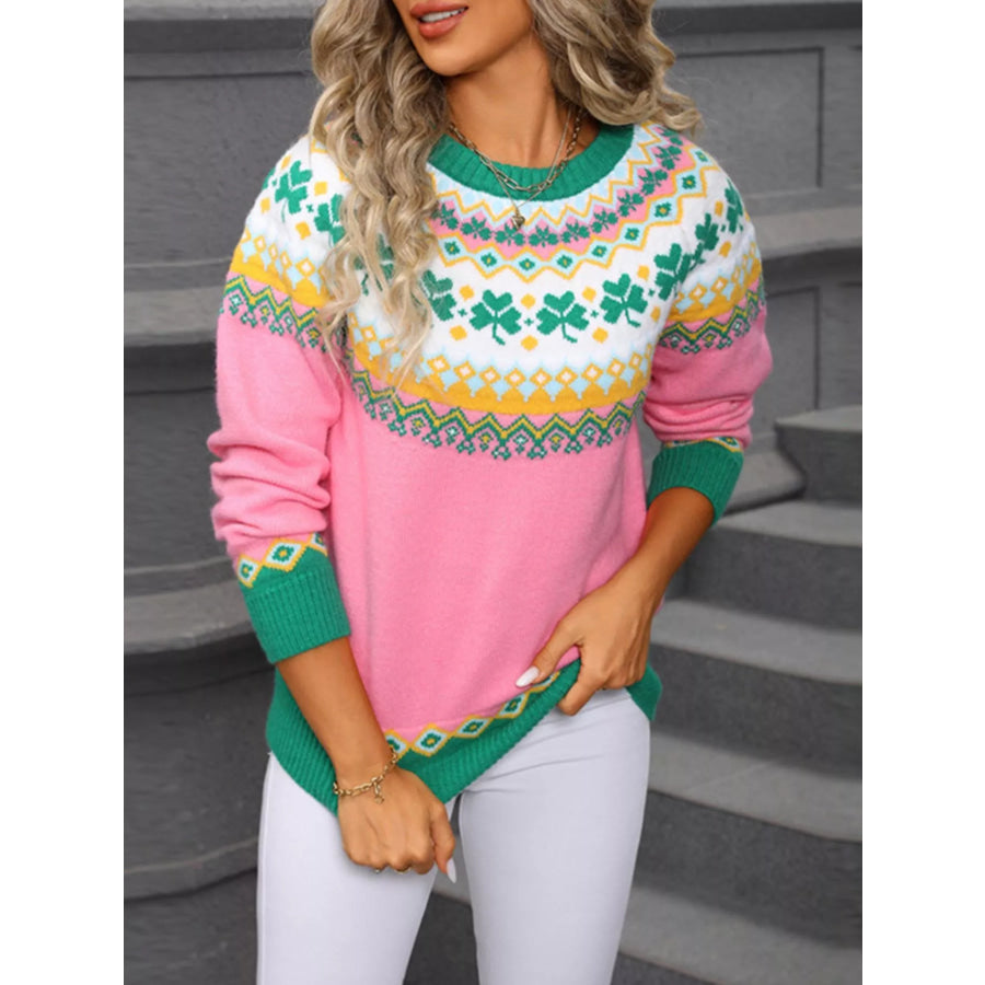 Clover Pattern Round Neck Knitted Sweater Pink / S Apparel and Accessories