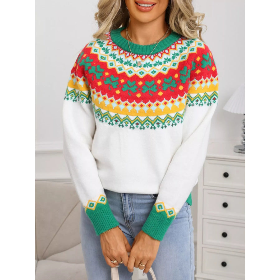 Clover Pattern Round Neck Knitted Sweater Apparel and Accessories
