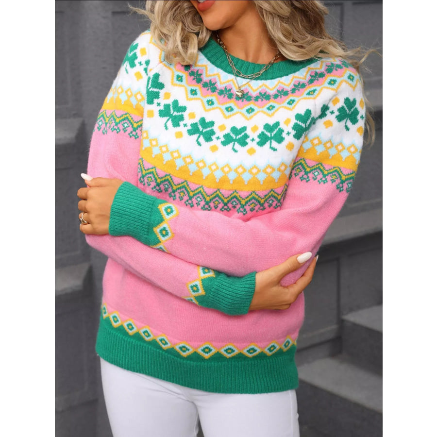 Clover Pattern Round Neck Knitted Sweater Pink / S Apparel and Accessories