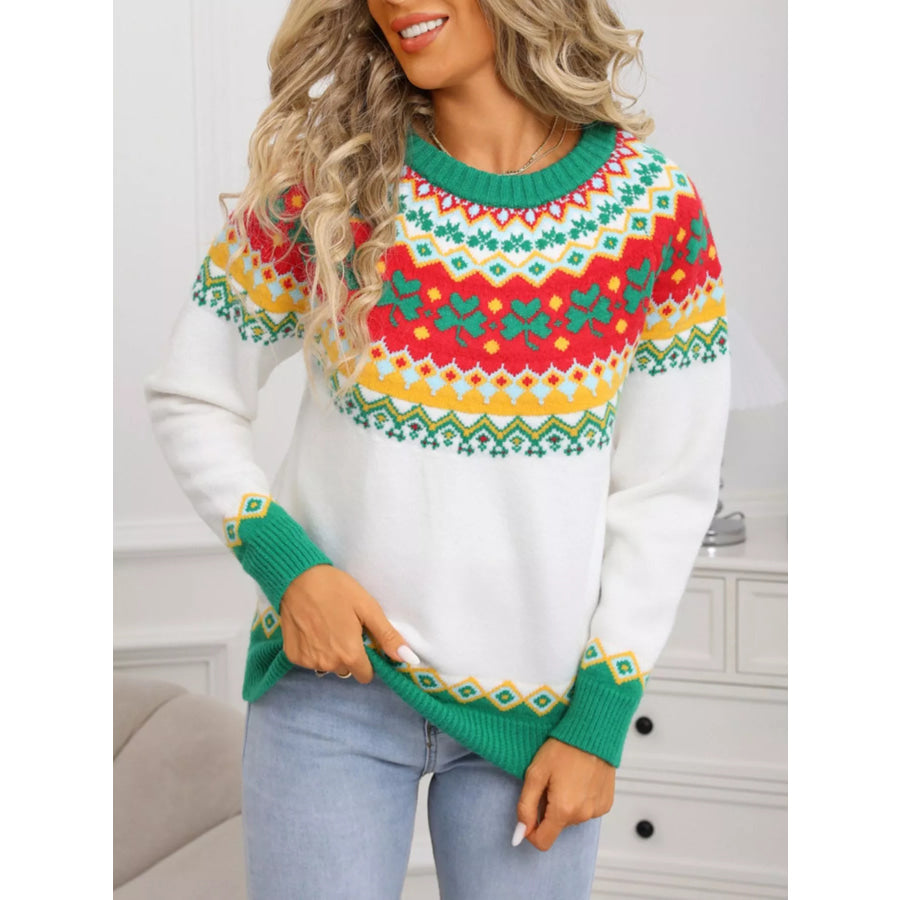 Clover Pattern Round Neck Knitted Sweater White / S Apparel and Accessories