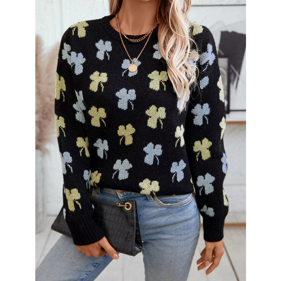 Clover Round Neck Long Sleeve Sweater Apparel and Accessories