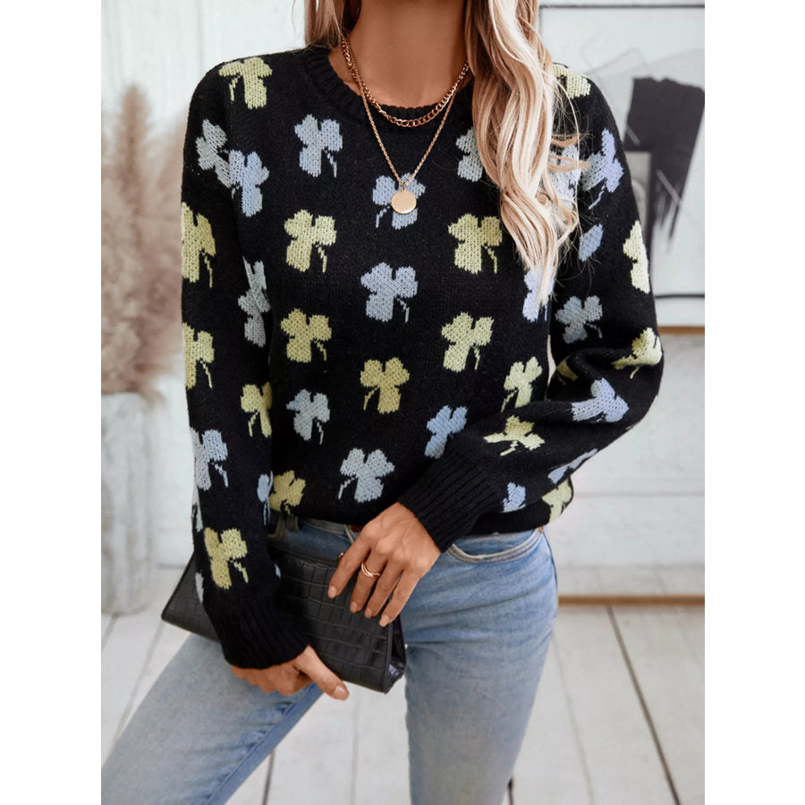 Clover Round Neck Long Sleeve Sweater Apparel and Accessories