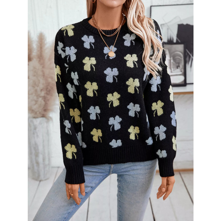Clover Round Neck Long Sleeve Sweater Black / S Apparel and Accessories