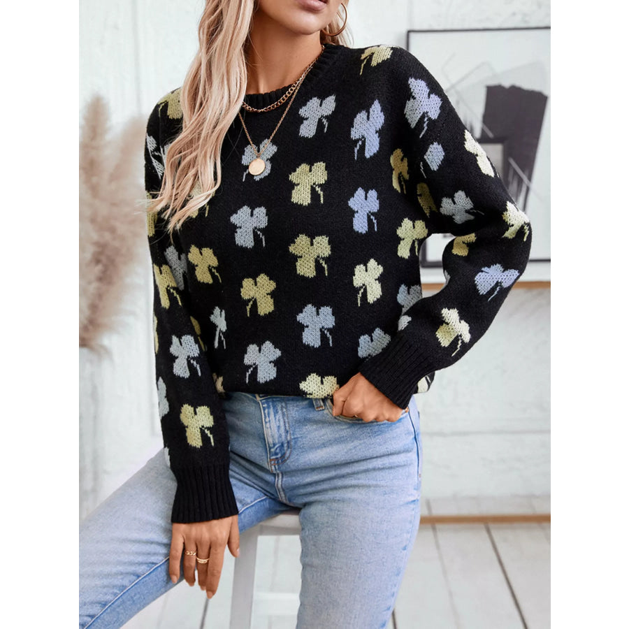 Clover Round Neck Long Sleeve Sweater Black / S Apparel and Accessories