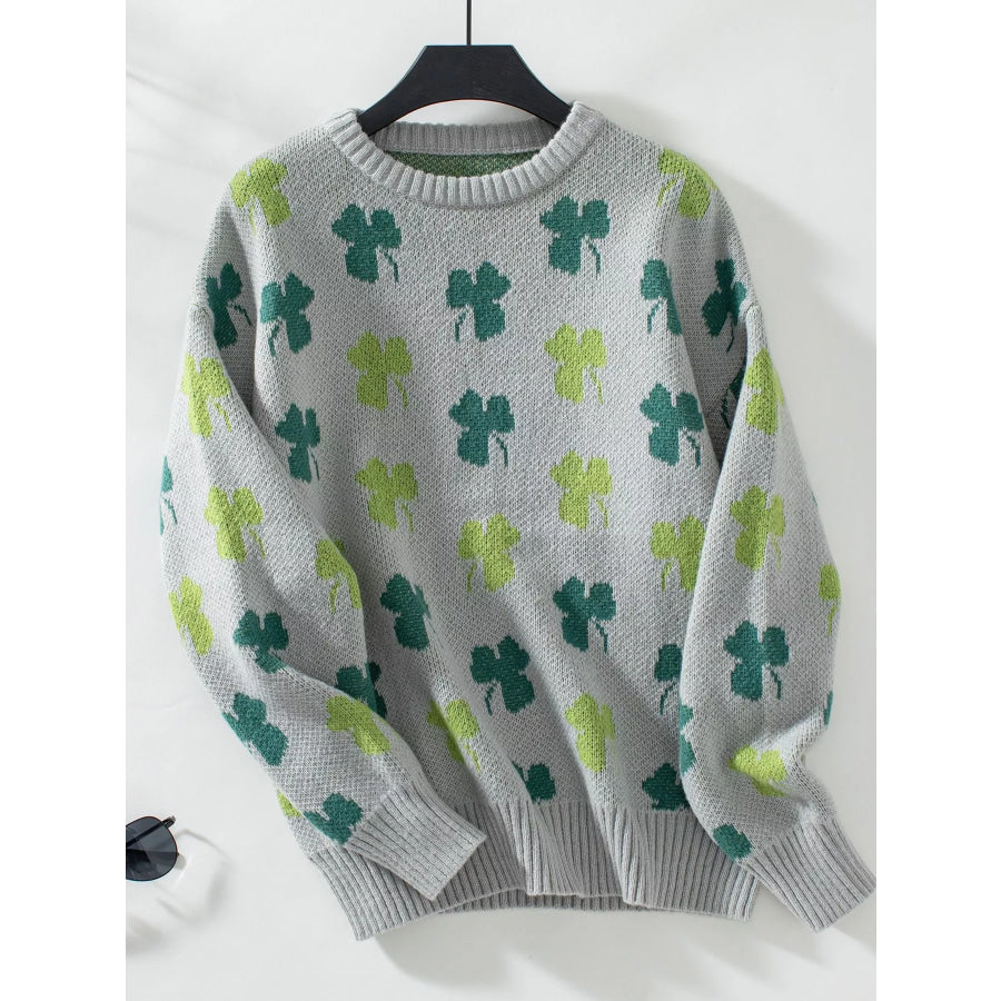 Clover Round Neck Long Sleeve Sweater Gray / S Apparel and Accessories