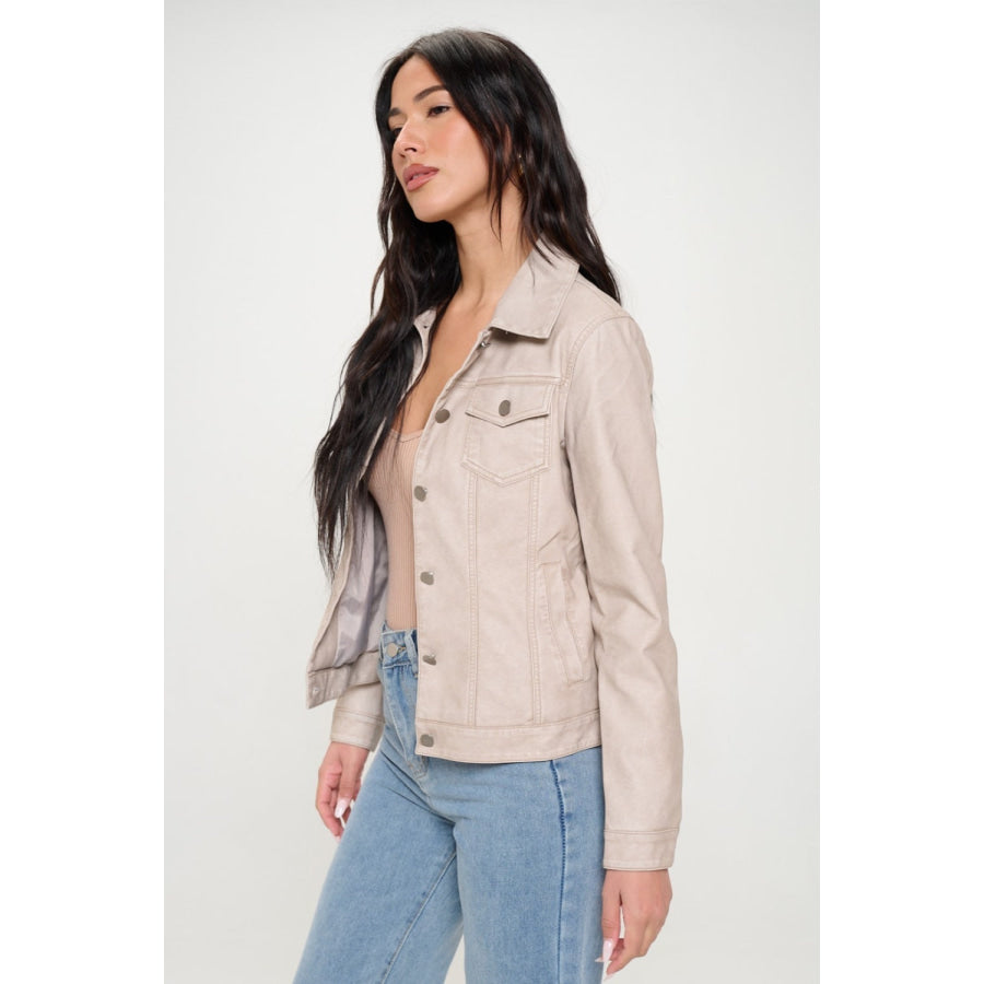 Coalition LA Button Down Cargo Vegan Leather Shacket Cream / S Apparel and Accessories